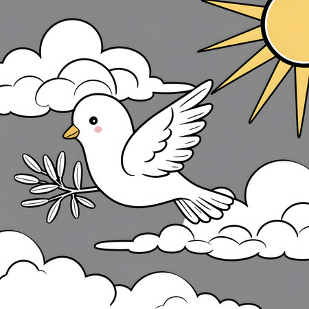 Dove in the sky with clouds and sun. Vector illustration.の素材