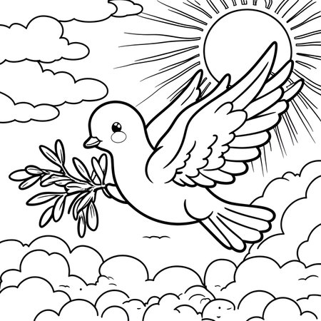 Dove with olive branch and sun. Vector illustration for coloring book.の素材