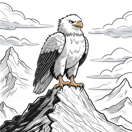 Eagle sitting on the top of the mountain. Hand drawn vector illustration.の素材