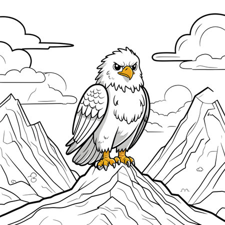 Eagle in the mountains. Black and white vector illustration for coloring bookの素材
