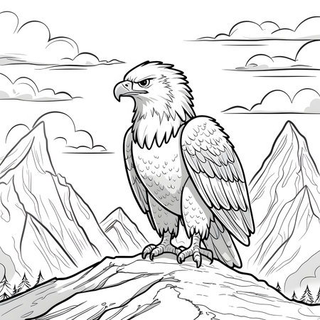 Eagle on the rock. Vector illustration in black and white.の素材