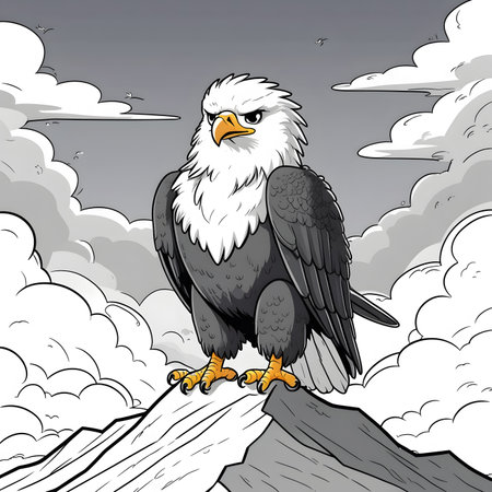 Illustration of a Bald Eagle on a Rock with Clouds in the Backgroundの素材