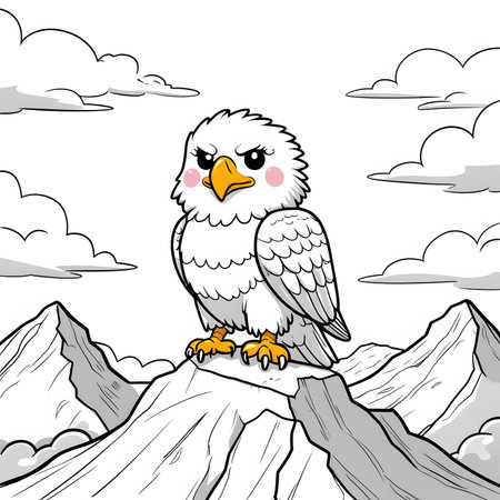 Cute cartoon eagle sitting on the top of the mountain. Vector illustration.の素材