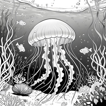 Underwater scene with jellyfish and corals. Vector illustration.の素材
