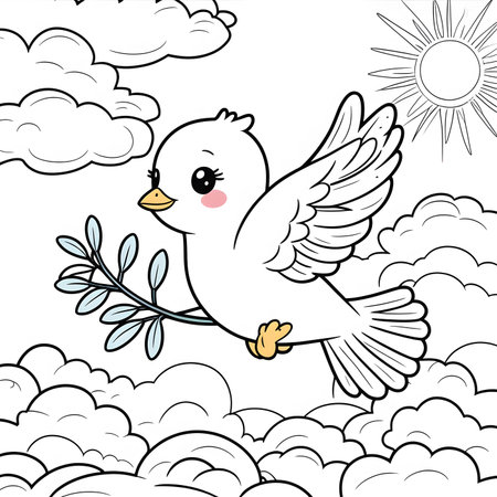 Coloring book for children: white dove with olive branch and sunの素材