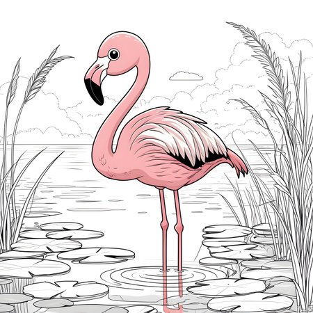 Flamingo bird on the lake. Black and white vector illustration.の素材
