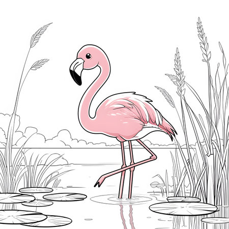 Pink flamingo in the pond. Vector illustration of a flamingo.の素材