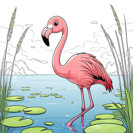 Flamingo in the lake. Vector illustration of a flamingo.の素材