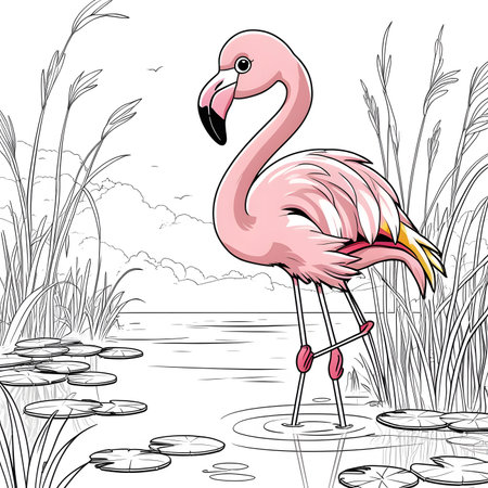 Pink flamingo on the lake. Vector illustration for your design.の素材