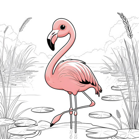 Pink flamingo on the background of a pond. Vector illustration.の素材