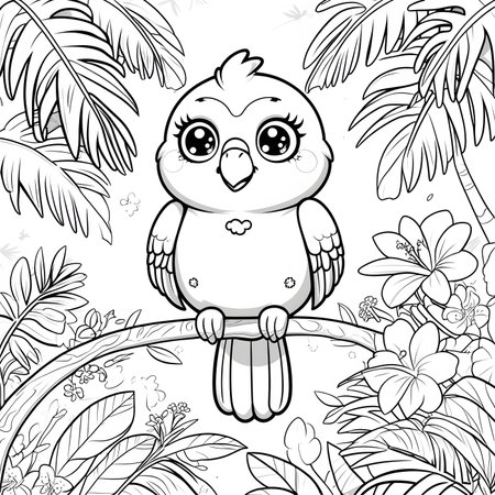 Coloring book for children: cute owl sitting on a branch among tropical plantsの素材