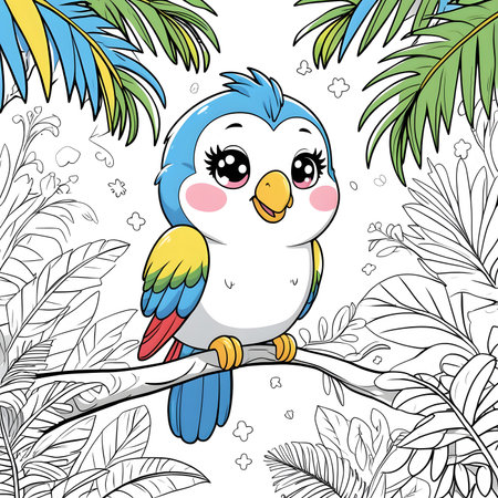 Cute parrot sitting on a branch with palm leaves. Coloring book for children.の素材
