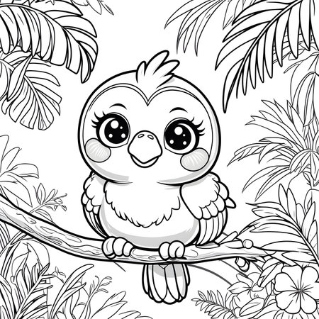 Cute cartoon owl sitting on a branch among tropical leaves. Coloring book for children.の素材
