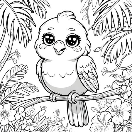 Coloring book for children: cute owl sitting on a branch among tropical flowersの素材
