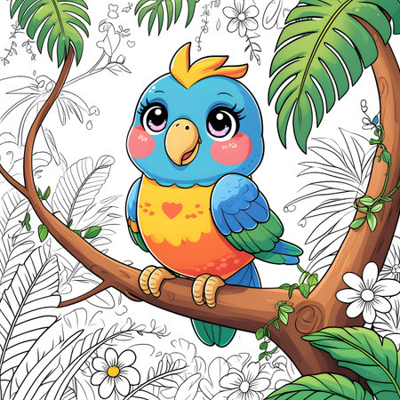 Cute parrot sitting on a branch in the jungle. Vector illustrationの素材