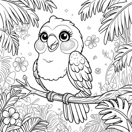 Coloring book for children: parrot sitting on a branch among tropical plantsの素材