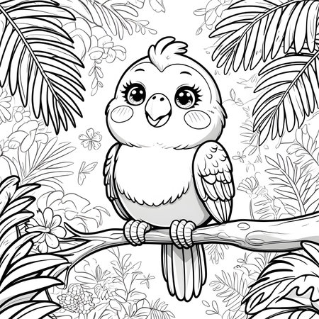 Cute cartoon parrot sitting on a branch among tropical leaves. Black and white vector illustration for coloring book.の素材