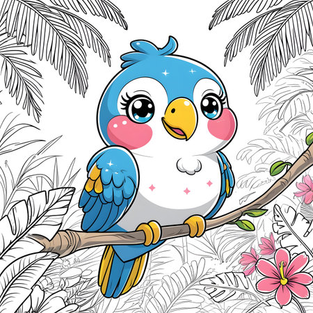Cute cartoon parrot sitting on a branch. Vector illustration.の素材