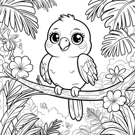 Coloring book for children: parrot sitting on a branch among tropical flowersの素材