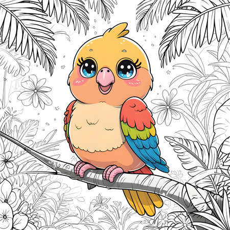 Cute cartoon parrot sitting on a branch. Vector illustration.の素材