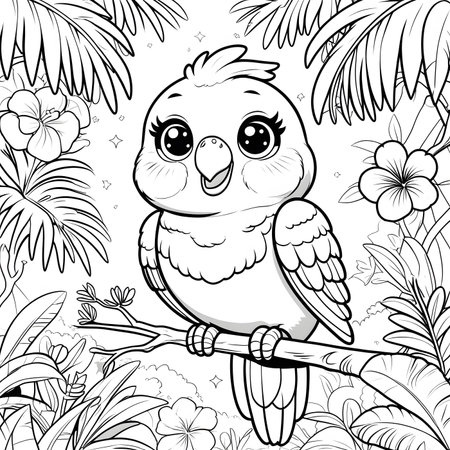 Coloring book for children: parrot sitting on a branch with flowersの素材