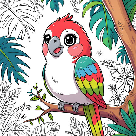 Cute cartoon parrot sitting on a tree branch. Vector illustration.の素材