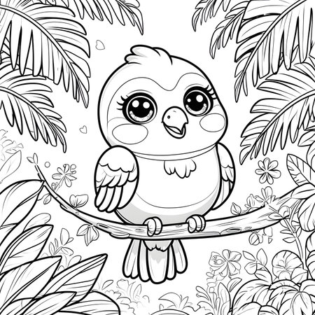 Coloring book for children: parrot sitting on a branch among tropical leavesの素材