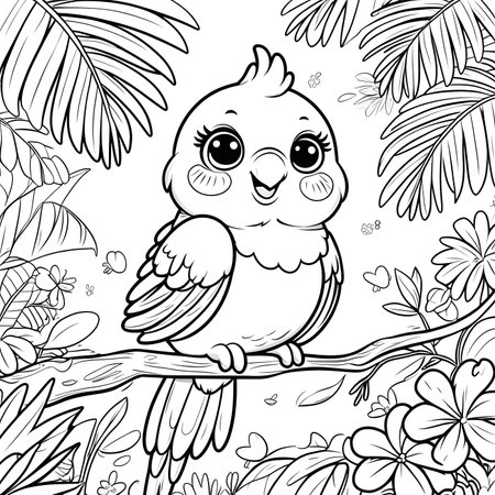 Coloring book for children: cute owl sitting on a branch among tropical leavesの素材