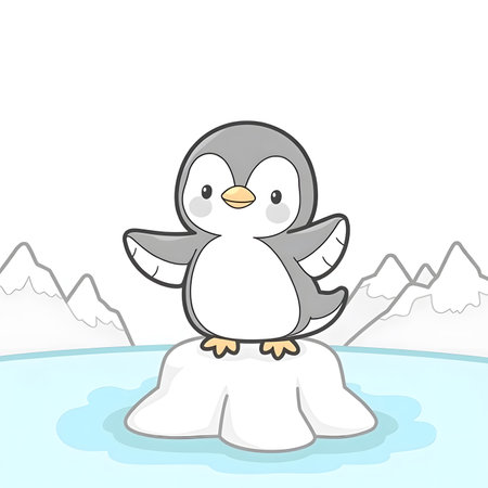Cute penguin sitting on a piece of ice. Vector illustration.の素材