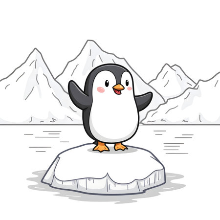 Penguin on iceberg cartoon vector illustration. Cute penguin on ice floe.の素材