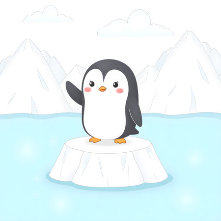 Cute penguin sitting on an ice floe. Vector illustration.の素材