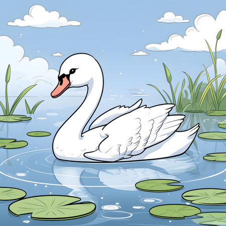 White swan on the lake. Vector illustration in cartoon style.の素材