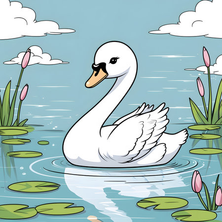 Swan on the lake. Vector illustration of a white swan swimming in the lake.の素材