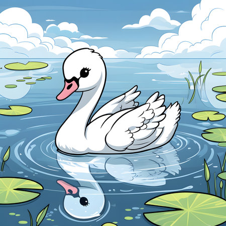 Swan swimming in a lake. Vector illustration in cartoon style.の素材