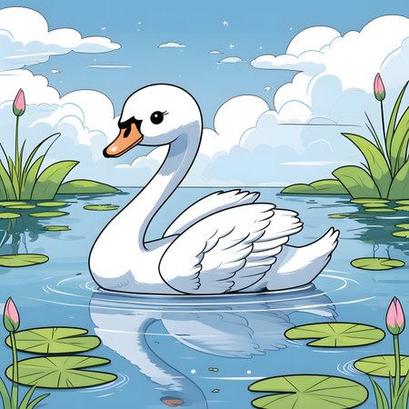 Swan swimming in the lake. Vector illustration in cartoon style.の素材