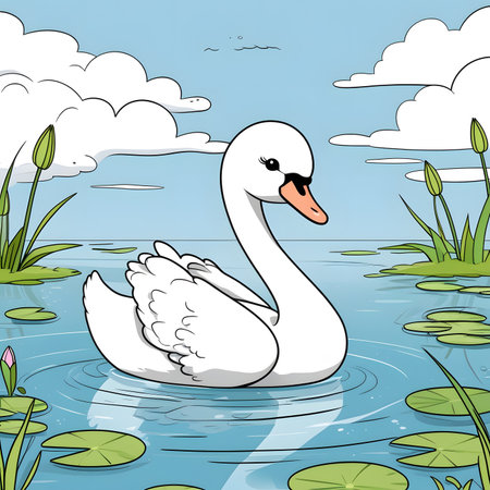 White swan on the lake. Vector illustration in cartoon style.の素材