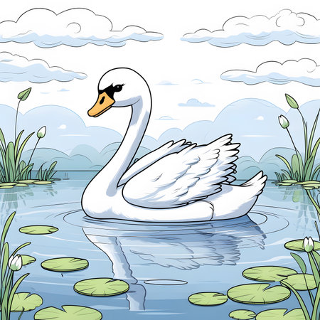 White swan on the lake. Vector illustration in cartoon style.の素材