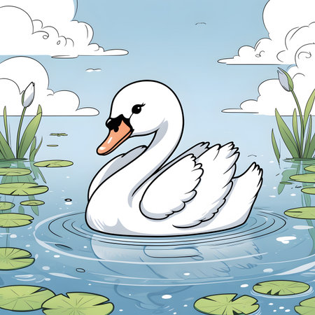 Swan on the lake. Vector illustration in a cartoon style.の素材
