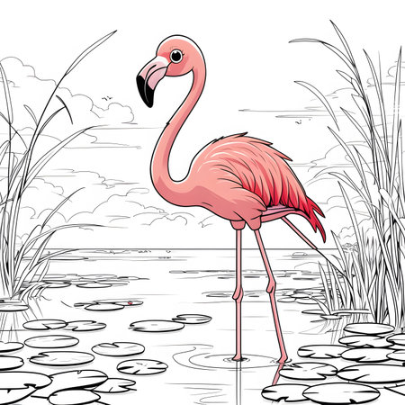 Pink flamingo in the lake. Black and white vector illustration.の素材