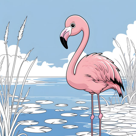 Pink flamingo on a background of the lake. Vector illustration.の素材
