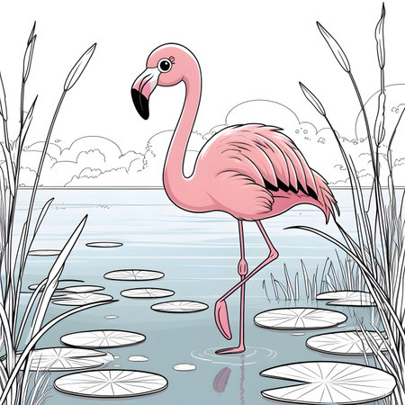 Pink flamingo on the lake. Vector illustration of a flamingo.の素材