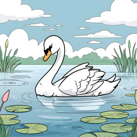 Swan swimming in the lake. Vector illustration of a cartoon style.の素材