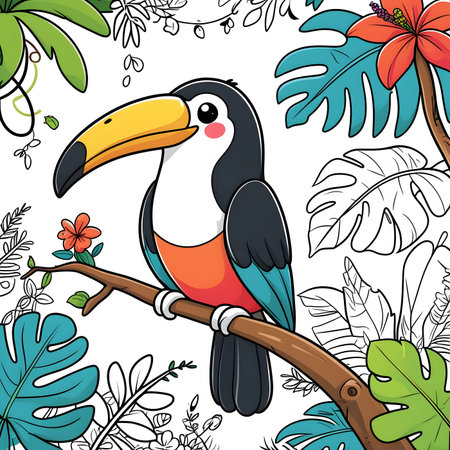 Tropical background with toucan and flowers. Vector illustration.の素材