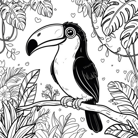 Tropical toucan sitting on a branch. Coloring book for adults. Black and white vector illustration.の素材