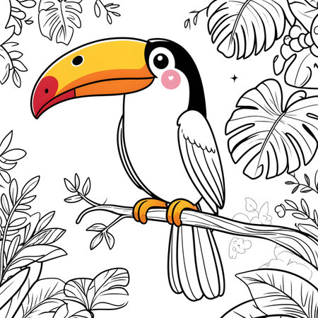 Cute toucan sitting on a branch in the jungle. Vector illustration.の素材