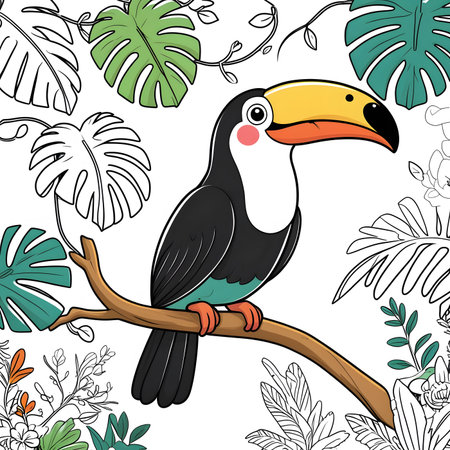 Seamless pattern with cute toucan and tropical leaves. Vector illustrationの素材
