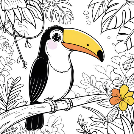 Tropical background with toucan and flowers. Vector illustration.の素材