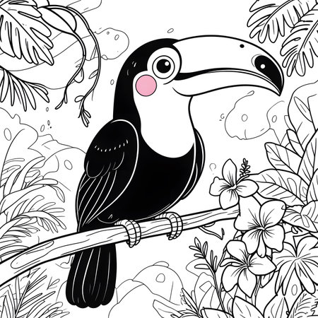 Tropical black and white coloring page with toucan. Vector illustration.の素材