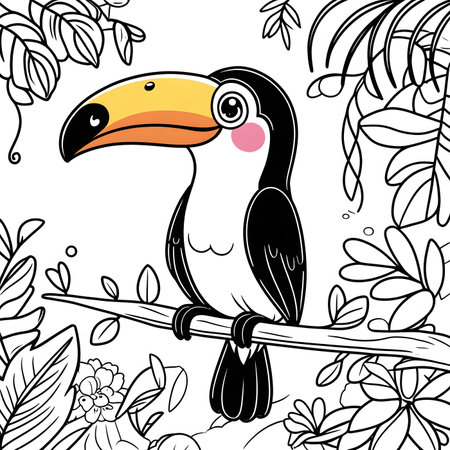 Cute cartoon toucan sitting on a branch. Vector illustration.の素材