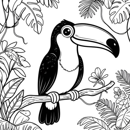 Tropical black and white seamless pattern with toucan. Vector illustration.の素材